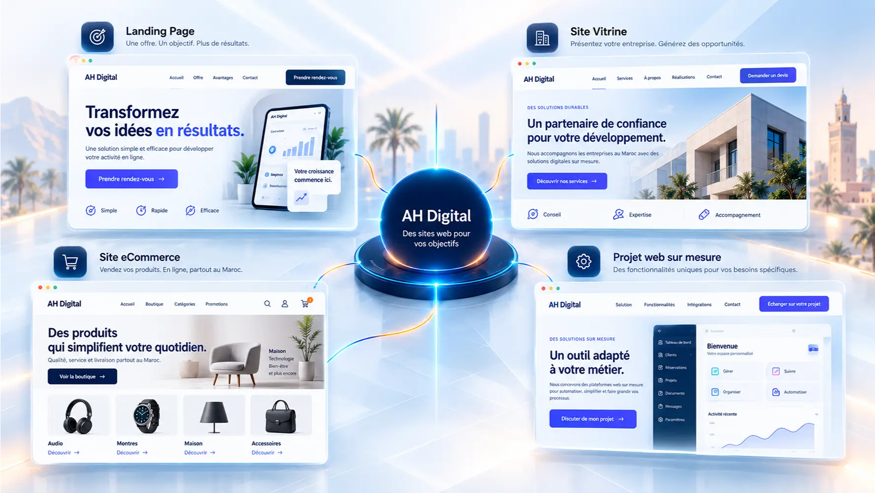 Visuel illustrant différents types de sites web au Maroc : landing page, site vitrine, site e-commerce et projet web sur mesure.