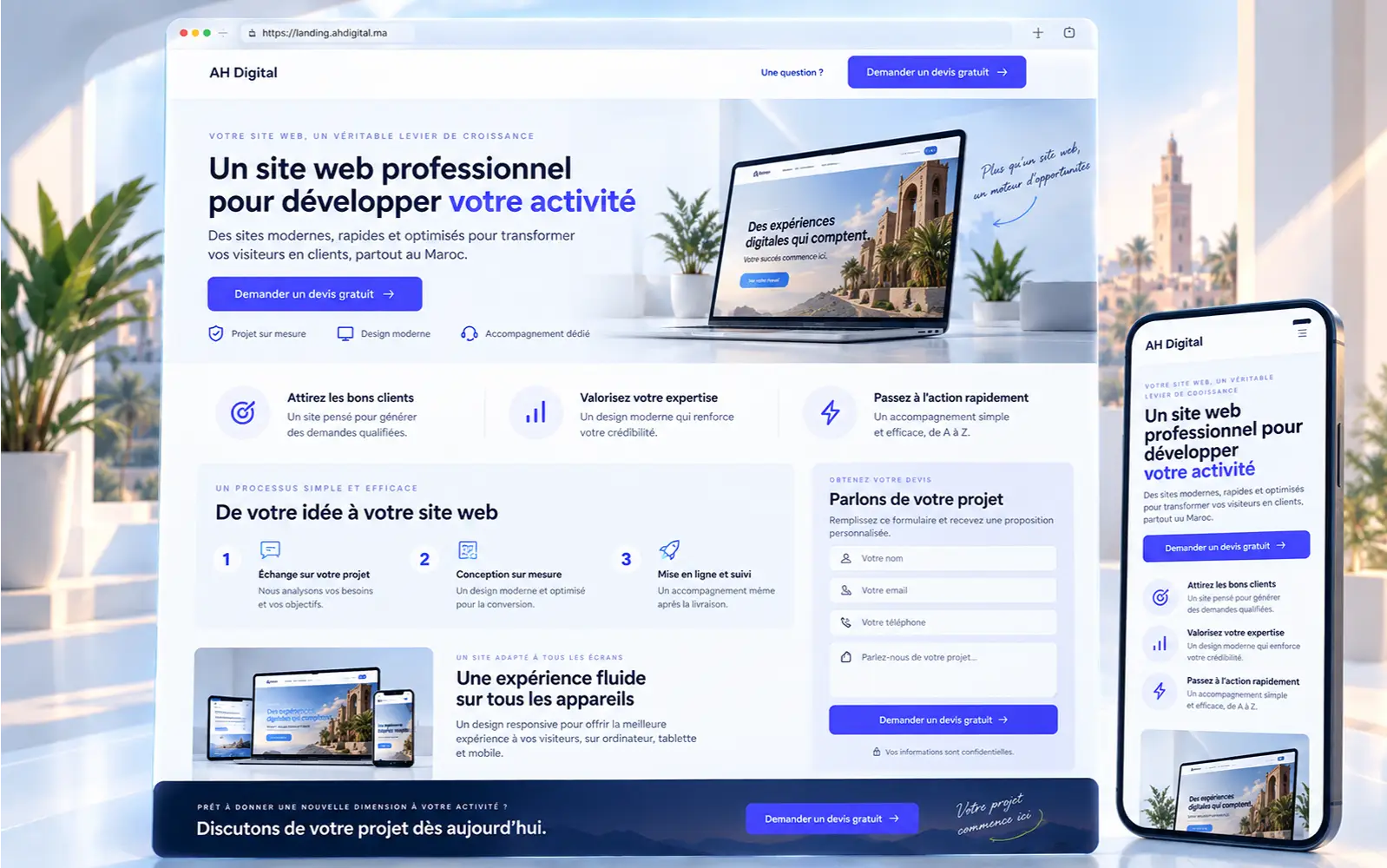 Exemple de Landing Page professionnelle avec message ciblé, bénéfices, formulaire et appel à l’action orienté conversion.