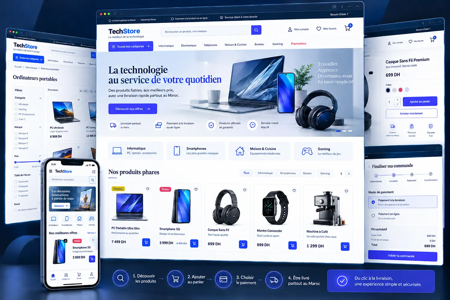 Exemple de site e-commerce moderne avec catalogue produits, fiche produit, panier, paiement, livraison et parcours de commande.