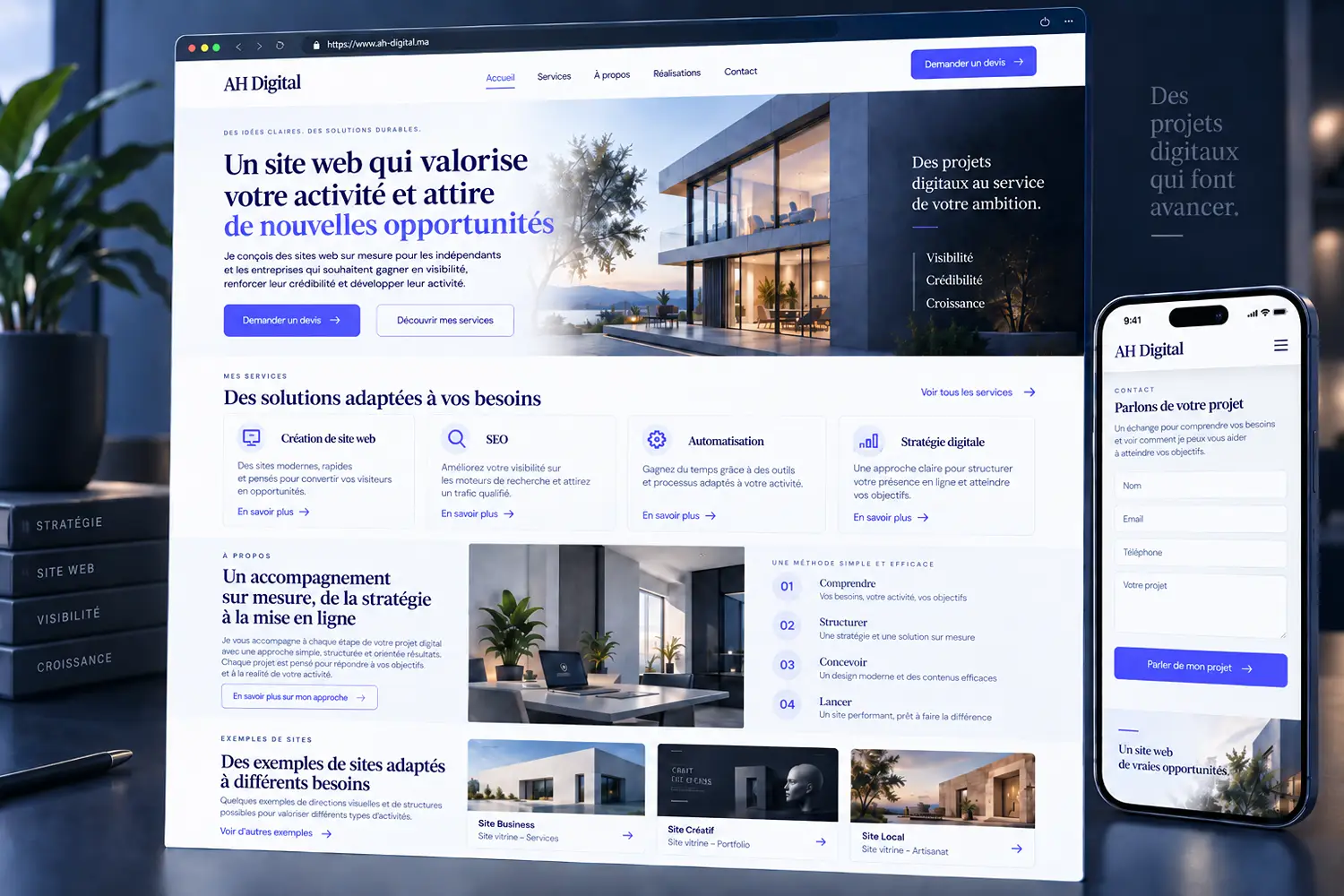 Exemple de site vitrine professionnel présentant une activité, ses services, son approche, des exemples de sites et un formulaire de contact.