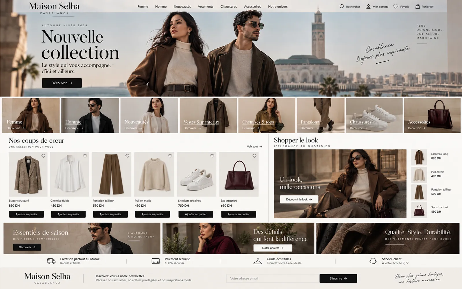 Exemple de boutique eCommerce moderne de mode et prêt-à-porter au Maroc avec collections, campagnes éditoriales et merchandising premium